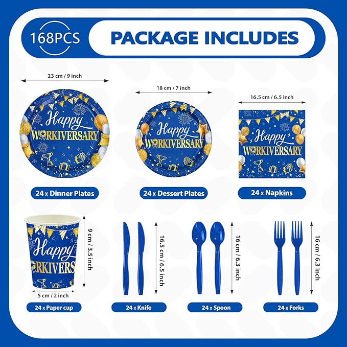 168Pcs Happy Workiversary Party Decorations Blue Gold Happy Work Anniversary Plates and Napkins Cups Forks Tableware Set for Men Women Worker Employee Appreciate Office Party Supplies Serves 24