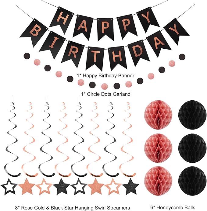 meowtastic Birthday Decorations, Happy Birthday Banner with Honeycomb Balls, Star Hanging Swirl Streamers, Circle Dot Garland, Happy Birthday Party Decoration for Women Men Boy Girls (Rose Gold&Black)
