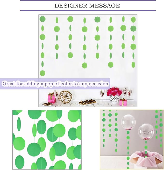 MerryNine Paper Garland 5 Pack, 50ft Glitter Paper Garland Circle Dots Hanging Decor, Banner for Baby Shower, Birthday, Nursery Party Decor (Green)