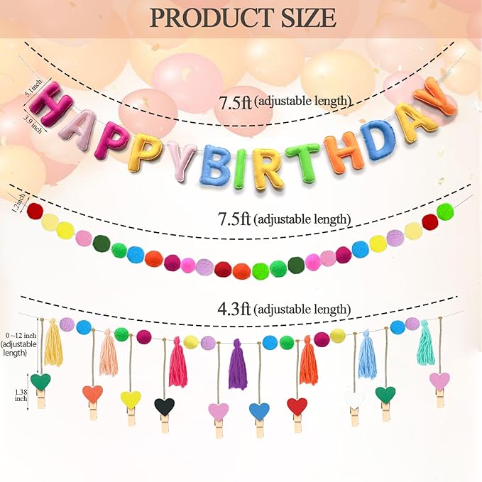 Pre-Strung Happy Birthday Banner, Felt Happy Birthday Garland, Pompom Ball Garland, Colorful Thread Tassel Banner with Photo Clips, Reusable Party Decorations for Party Decor, Photo Prop