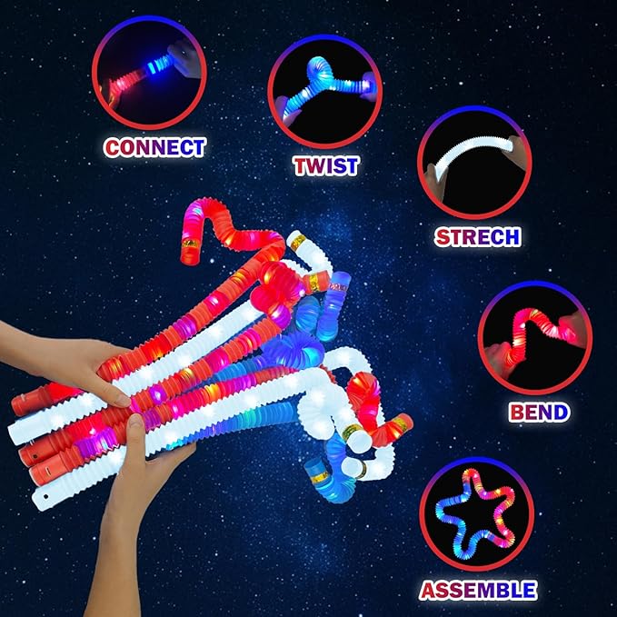 4th of July Red White Blue Glow Sticks Party Favors Supplies 18 PCS,Light up Pop Tubes Accessories Bracelets Necklaces for Kids Toddlers,Fourth of July Patriotic Toys Gifts Items for Independence Day