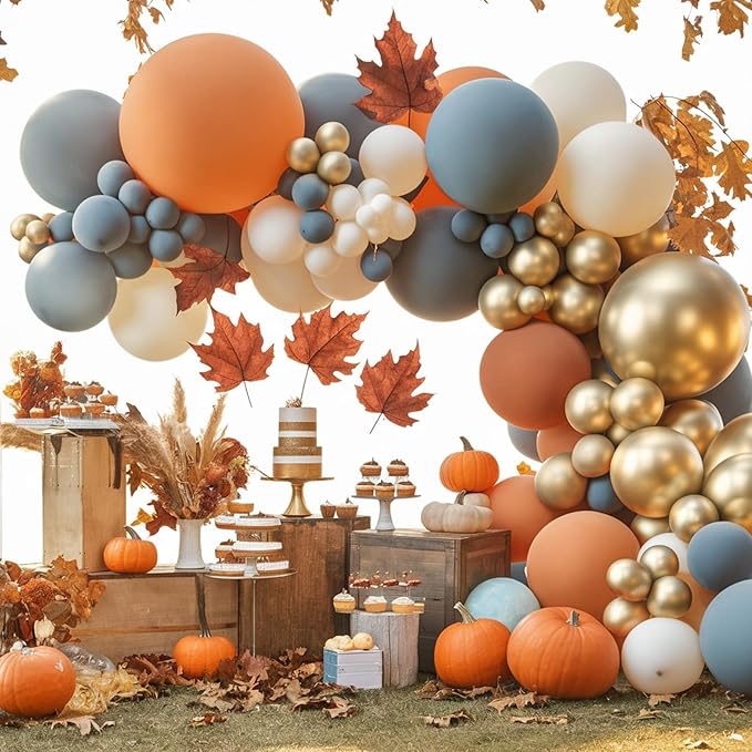 Fall Balloon Arch Kit,White Gold Burnt Orange Blue Balloon for First Fall Autumn Fall Baby Shower Mid-Autumn Festival Birthday Wedding Gradution Thanksgiving Party Decorations