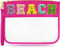 Chenille Letter Clear Beach Bag Nylon Makeup Zipper Pouch, Travel Cosmetic Toiletry Sun Spf Sunscreen Bag, Waterproof Beach Vacation Essentials Necessities Accessories for Women (Rose Red-Beach)