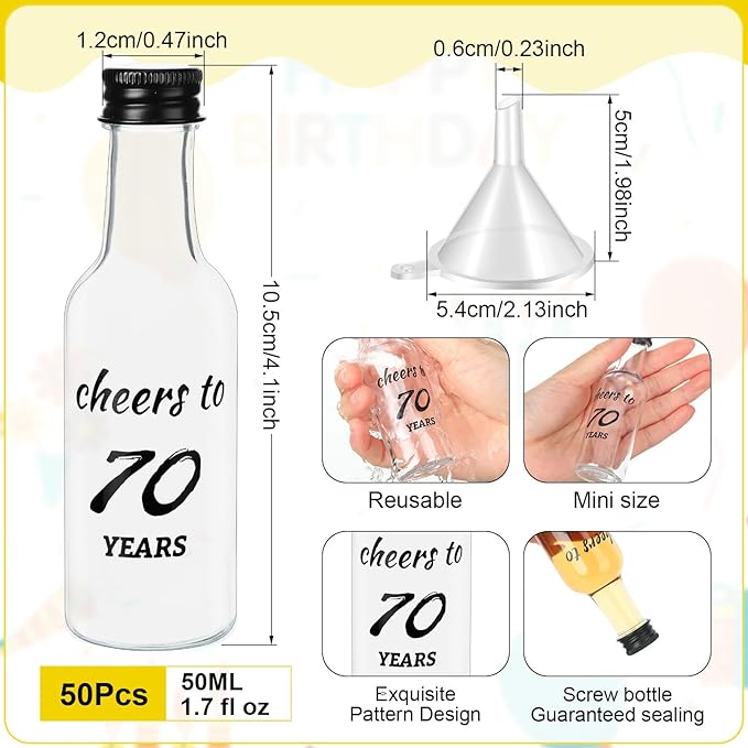 Bokon 50 Pcs Cheers to 70 Years Mini Liquor Bottles 1.7 oz Mini Wine Bottles for Guests Women Men 70th Birthday Anniversary Wedding Celebration Party Favors
