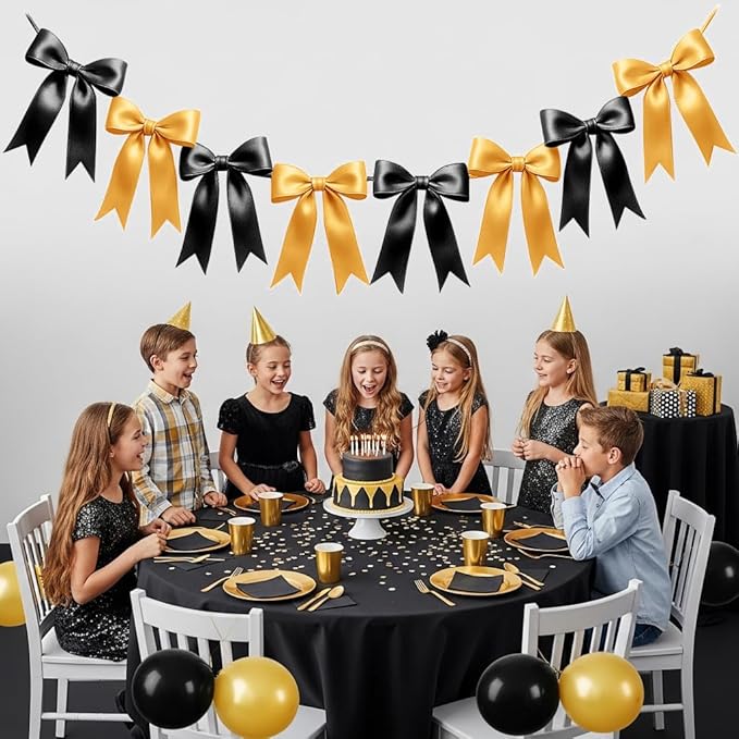 2 Strings of 16PCS Black&Gold Bow Garlands Banner Decoration,Pre-Strung Satin Ribbon Ornaments for Birthday,Bachelorette Party,Bridal Shower,Wedding,Engagement,Baby Shower,Graduation Decor,Anniversary