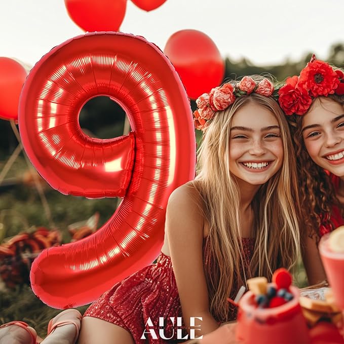 AULE 40 Inch Big Red 9 Balloon Number Large Foil Helium Number Balloons 0-9 Jumbo Giant Happy 9th Birthday Party Decorations for Boy or Girl Huge Mylar Anniversary Party Supplies