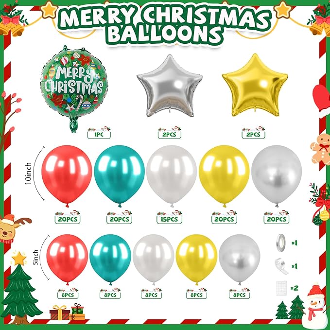 Christmas Balloon Arch Kit, Pearl Red Teal Blue Gold Silver Balloons Garland Arch with Metallic Silver Balloons, Round Garland Santa Claus Stars foil Balloon for Christmas New Year Party Decorations