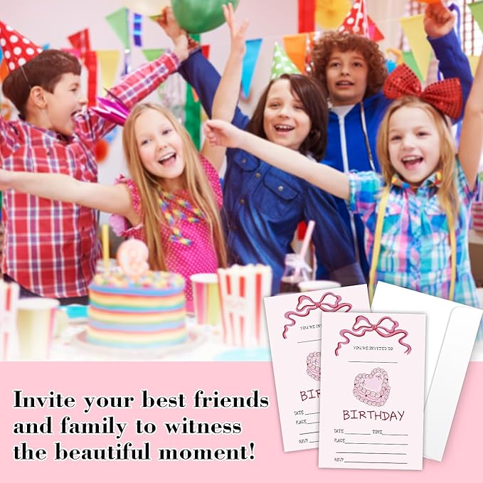Pink Bow Birthday Invites Cards Party Invitation Cards for Girls Kids Adults Party Invitations 4x6 Inch Blank Invitations with Envelopes 20 Pcs Double Sided Invitation Card for Girls Birthday YT0084
