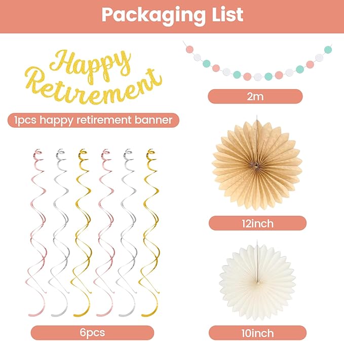 Retirement Party Decorations for Women --Sage Green Peach Pink Happy Retirement Banner Backdrop, Hanging Swirls Pompoms Kit Office Retired Party Supplies for Coworker