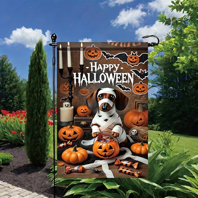 Halloween Garden Flag Dachshund Dog Mummy Pumpkin 12x18 Inch Double SidedOutdoor Yard Banner for Trick or Treat Haunted House Spooky Halloween Decoration Decor