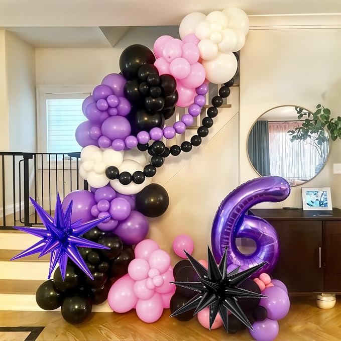 Pink and Purple Balloon Arch Garland Kit, Black Macaron Metallic Purple Pink Birthday Balloons, Star Foil Balloons for Princess Girl Theme Birthday Decorations Baby Shower Party Backdrop