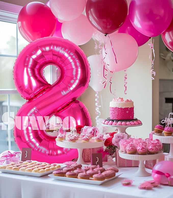 SUWEN 40 Inch Hot Pink Large 8 Number Balloons Big Foil Helium Number Balloons 0-9 Jumbo Happy 8th Mylar Birthday Party Decorations for Girl Anniversary Party Supplies
