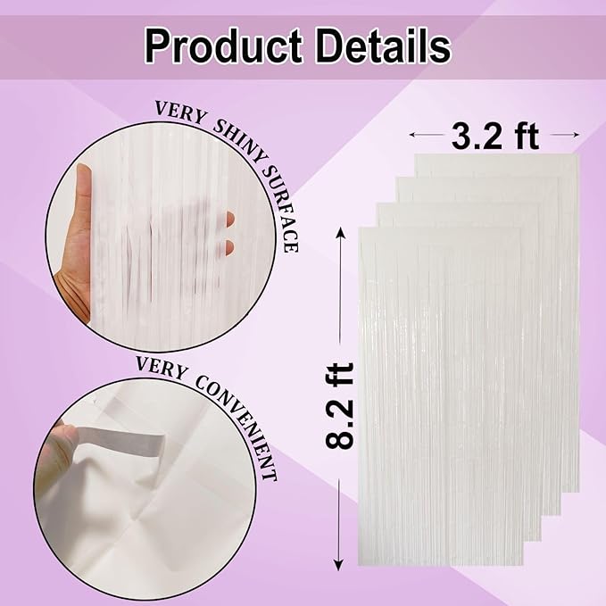 White Fringe Backdrop Curtains for Parties - 4 Pack of 3.2x8.2ft White Streamers Curtain Photo Backdrop for Wedding Birthday Bridal Shower Bachelorette Christmas Party Decorations
