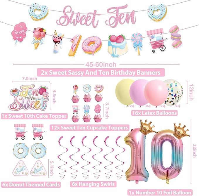 Sweet Ten Birthday Decorations- 10th Birthday Decorations For Girl With Happy 10th Birthday Banner Sweet Ten Cake Topper 10th Foil Balloon For 10th Donut Themed Party Decor Gifts For Teenage