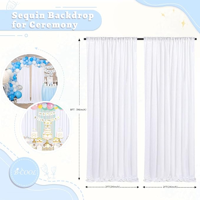 B-COOL White Backdrop Sequin Curtains 2 Pieces 2FTx8FT Backdrop Curtain Sparkly Photo Backdrop for Birthday Party Wedding Backdrop Drapes