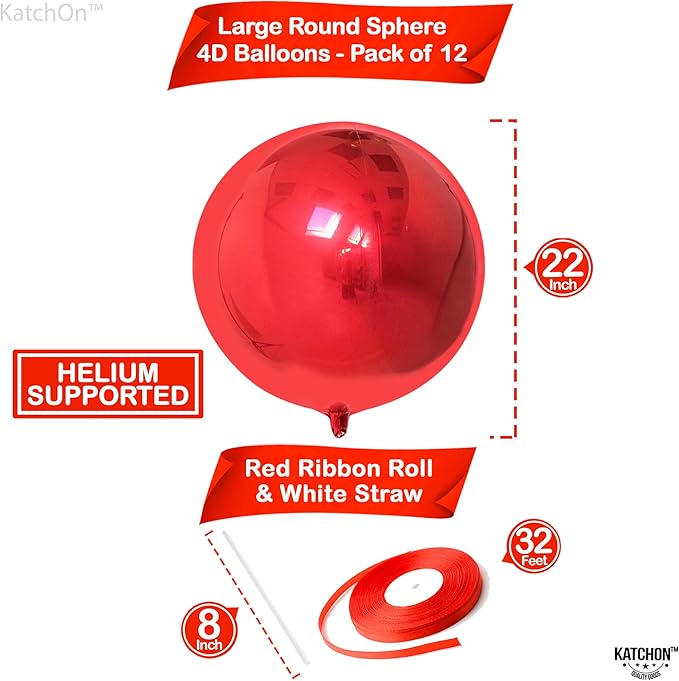KatchOn, Huge Metallic Red Balloons - 22 Inch, Pack of 12 | Round 4D Mylar Balloon for Casino Theme Party, Red Party Decoration | Patriotic Party Decorations, Birthday, Anniversary, Graduation Decor