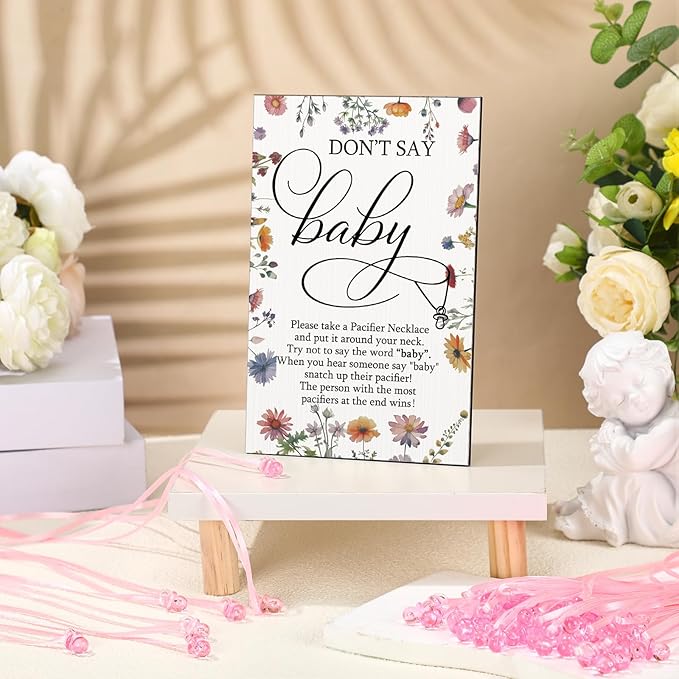 Geetery 51 Pcs Don't Say Baby Game Sign Cool Baby Shower Game 50 Pacifier Necklace Wooden Don't Say Sign Plastic Pacifier Party Favor for Gender Reveal(Wildflower,Pink)