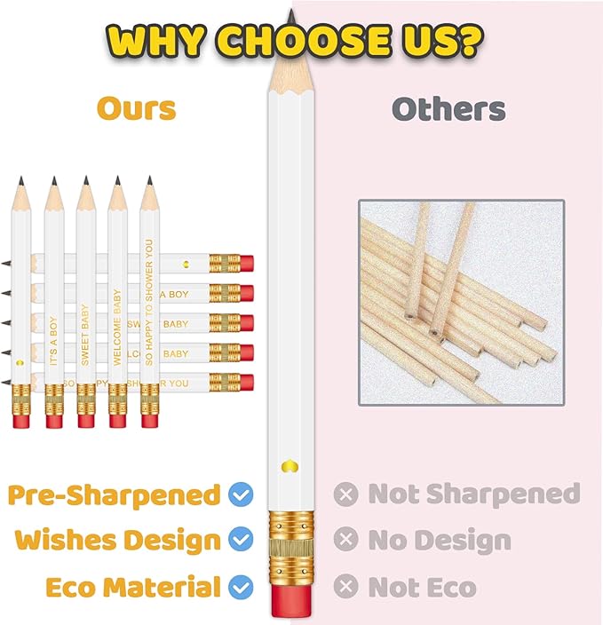 50Pcs - Baby Shower Sharpened Half Pencils with Erasers, Pre-sharpened Pencils for Baby Shower Games, 4 Inches