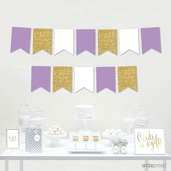 Andaz Press Hanging Pennant Banner with String, Lavender, White, Faux Gold Glitter, 1-Set, 24 Pennants, Approx. 12-Feet Long, Girl Baby Shower Theme Colored Supplies
