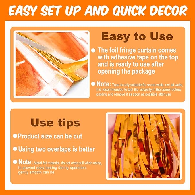 6 Pack Orange Foil Fringe Curtains Backdrop, 3.28 x 9.8 Ft Metallic Streamers Tinsel Curtains Background for Photo Booth, Birthday, Halloween, Christmas, Thanksgiving, New Year Party Decorations