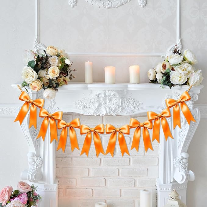 1 String of 8PCS Golden Yellow Bow Garland Banner Decoration,Pre-Strung Satin Ribbon Ornaments for Birthday,Christmas,The Fall Festival,Thanksgiving,Halloween,Anniversary,Wedding,Baby Shower