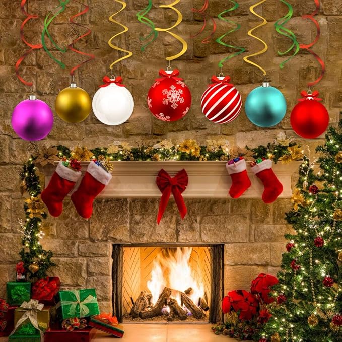 CC HOME 15Pcs Christmas Ball Hanging Swirls Xmas Ball Ceiling Streamer Birthday Decorations Christmas Themed Party Favors for Holiday Baby Shower Home Decoration Party Supplies