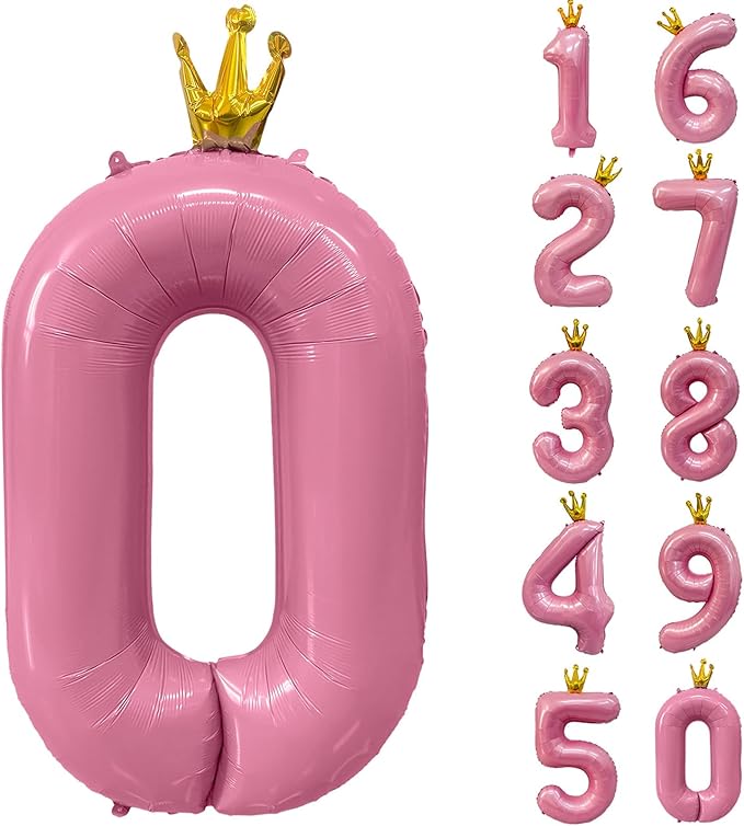 40 inch Pink Number 0 Balloon with Crown, Pink Crown Balloons 0-9 for 0th Birthday Party Anniversary Decorations Supplies