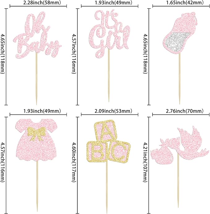24Pcs Oh Baby Cupcake Toppers It's a Girl Cupcake Toppers with Bow Dress Bottle Swan Light Pink Glitter Babyshower Gender Reveal Cake Picks Decorations for Baby Shower Girl Birthday Party Supplies