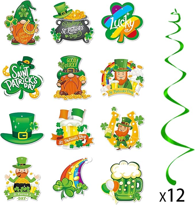 St-Saint Patricks-Day Party Decorations Garland Streamers - 12Pcs Green Banner Decor Shamrock Gonme Hat Hanging Swirl,Baby Shower Birthday Irish Lucky Party Supplies Hugtmr