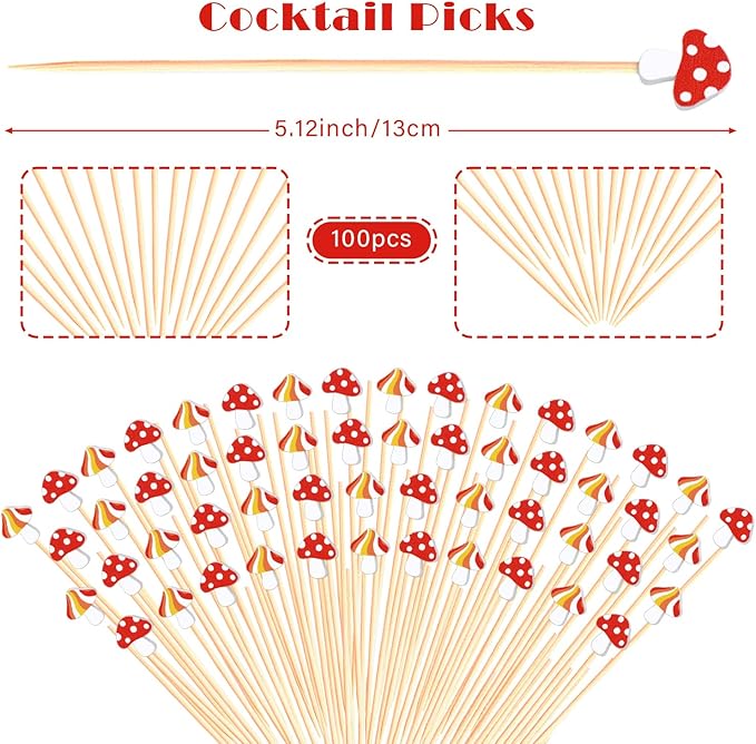 100Pcs Mushroom Cocktail Picks Fairy Enchanted Forest Decorations Toothpicks Fruit Sticks Skewers for Appetizer Charcuterie Food Sandwich, Mushrooms Woodland Birthday Baby Shower Themed Party Supplies
