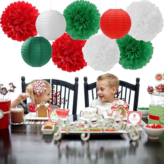 Red Green White Paper Flowers Tissue Pom Poms Honeycomb Lanterns 15pcs Christmas Party Decorations Mexican Italian Birthday Wedding Baby Shower Bachelorette Hanging Supplies Mprocherify