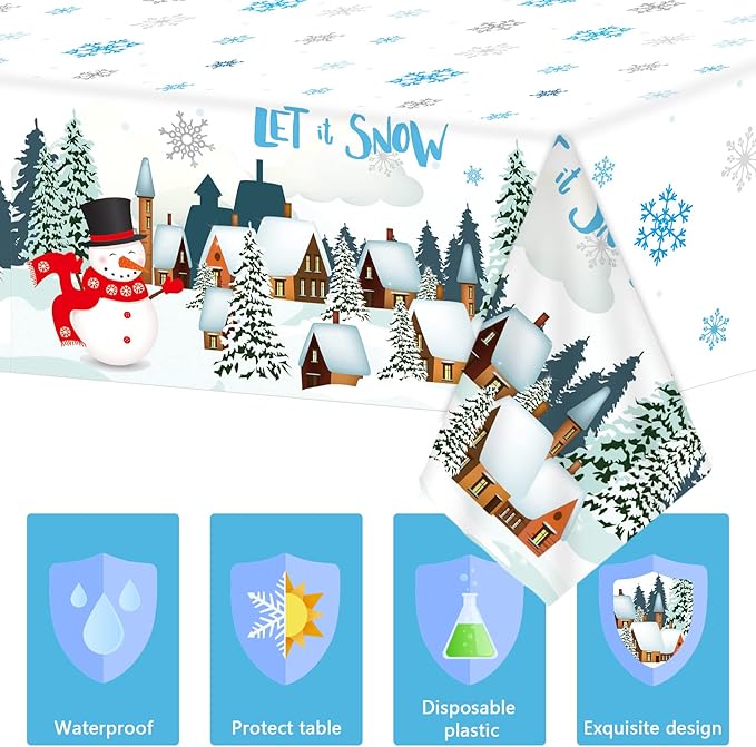 Tevxj 3 Pieces Winter Snowflake Plastic Tablecloth Christmas Holiday Party Plastic Table Covers Let's it Snow Snowman Theme Baby Shower Birthday Home Party Decorations Supplies 54X108inch