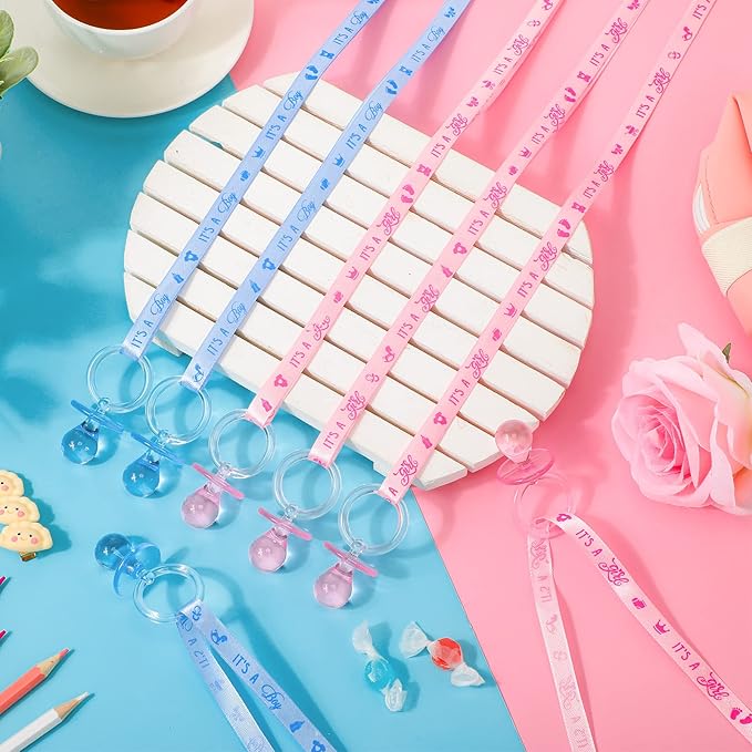 Coume 36 Pcs Shower Party Pacifiers Necklace Acrylic Pacifiers Charm Necklace for Shower Party Decorations Gender Reveal Table Scatter(Blue, Pink)