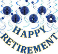 Retirement Party Decorations Kit for Women Men - 16-Piece Elegant Blue Set with Pre-Strung Banner, Honeycomb Balls, Swirls & Garland | Instant Setup Party Decor | Retirement Gifts & Supplies