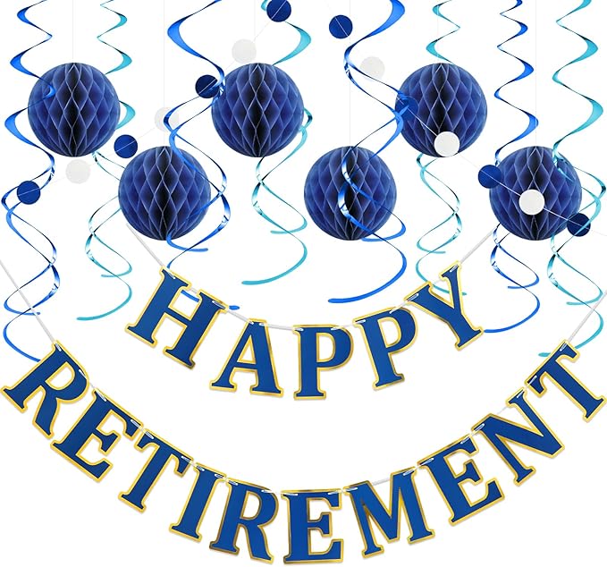 Retirement Party Decorations Kit for Women Men - 16-Piece Elegant Blue Set with Pre-Strung Banner, Honeycomb Balls, Swirls & Garland | Instant Setup Party Decor | Retirement Gifts & Supplies