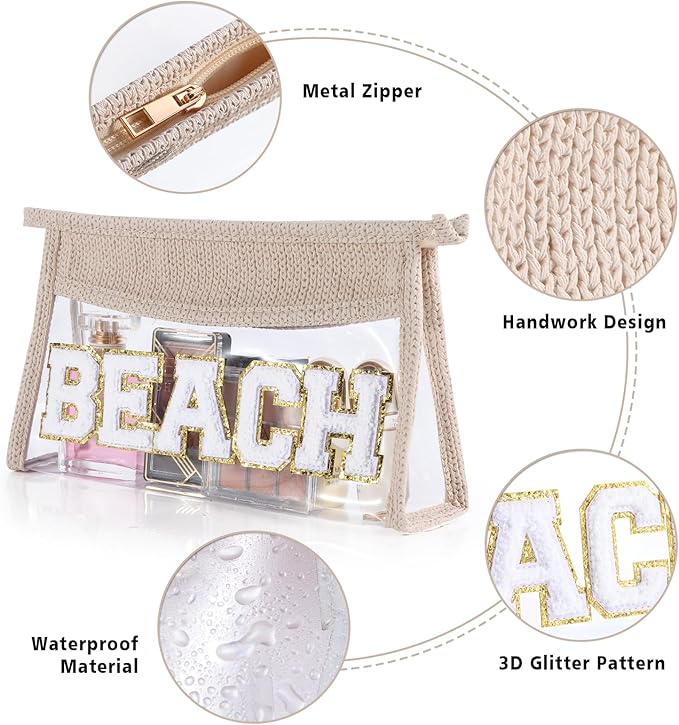 Beach Pouch Sunscreen Clear Makeup Bag Chenille Letter Beach Cosmetic Pouch Summer Essential Cute Toiletry Pouch Travel Accessories Gifts for Women