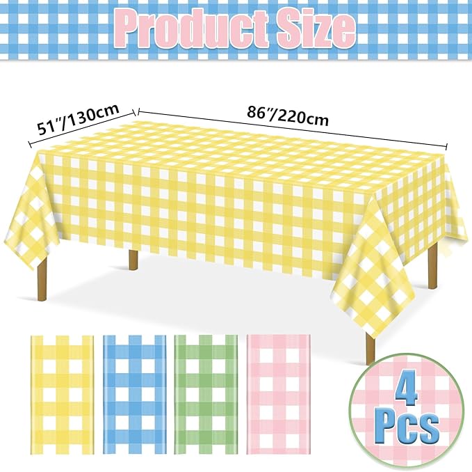 4Pcs Easter Plaid Tablecloths Plastic Disposable Rectangle Pastel Checkered Table Cover for Spring Easter Picnic Baby Shower Birthday Party Decorations, 51 x 86 Inch