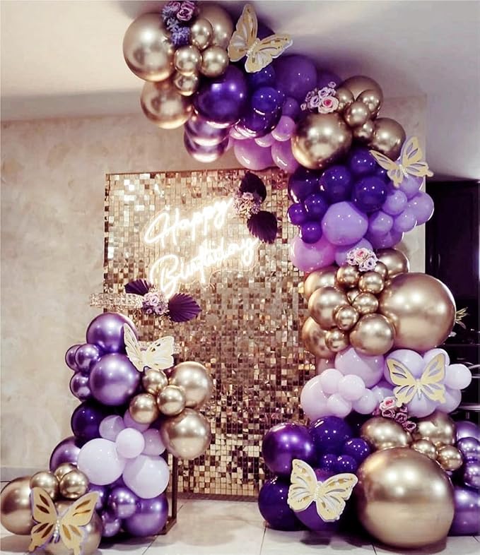 Grey Violet Maca Purple Gold Balloons Garland Arch Kit, 146Pcs Latex Balloons Different Sizes 18 12 10 5 Inch for Party Decoration Birthday Wedding Engagements Anniversary Baby Shower