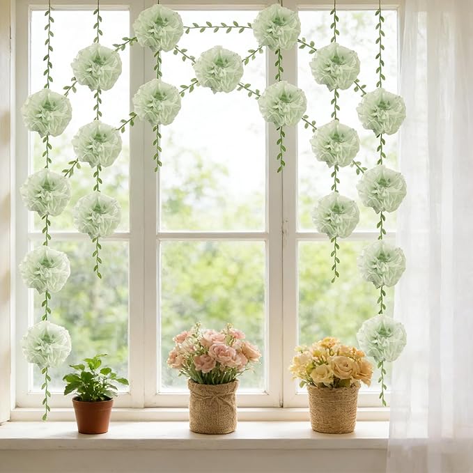 Green Flower Garland for Backdrop - 2 Pcs Artificial Flower Garlands for Wedding Party Arch Decor, 8.2 Ft Hanging Fake Paper Floral Vines for Room Wall Table Garden Background Decorations