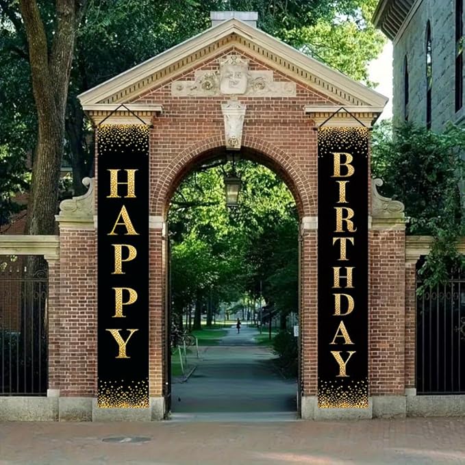 12x71 inch black gold glitter birthday porch banner indoor and outdoor hanging decoration for birthday parties, weddings, graduation ceremonies, terraces, courtyards, and home decor made of polyester fabric, reusable and easy to install