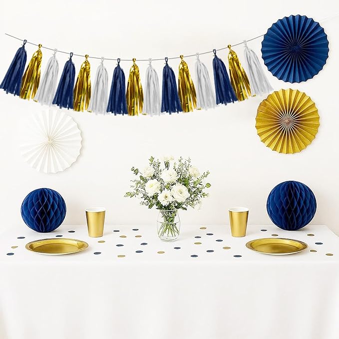 Navy-Blue White Gold Birthday-Party-Decorations - 15Pcs Tissue Paper Tassel Garland Graduation Decoration Baby Shower Bridal Wedding Engagement Bachelorette Hanging Decor HongTongTong