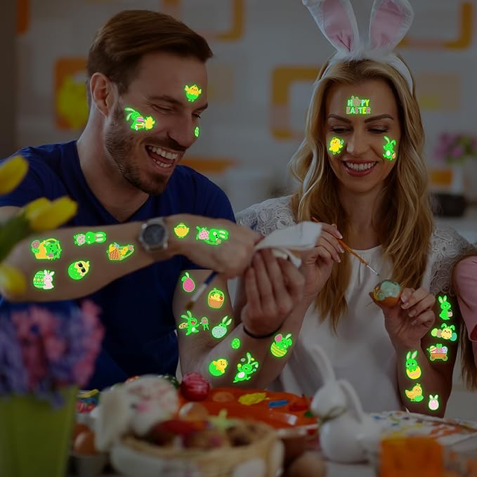 115 Pcs Easter Basket Stuffers, 12 Sheets Luminous Easter Tattoos for Egg Fillers, Fake Bunny Temporary Tattoos Stickers for Basket Crafts Decorations Gifts Egg Bags Fillers Party Favor