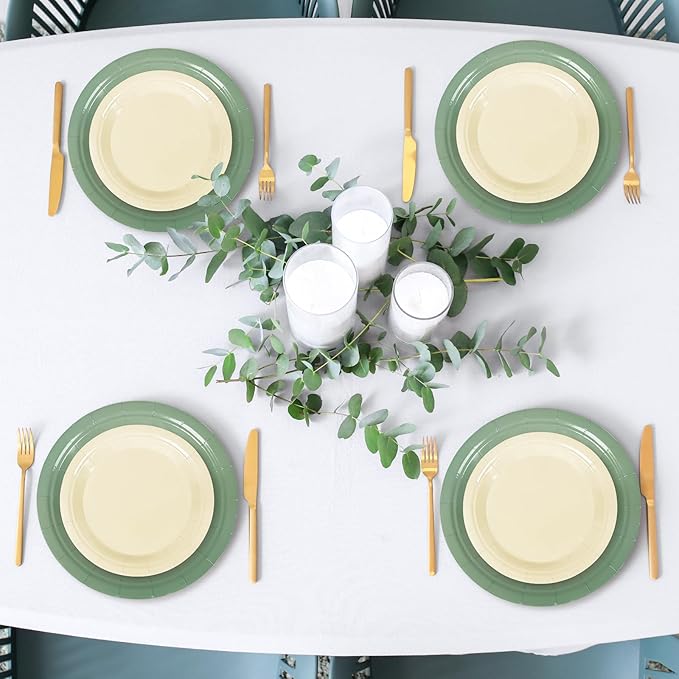 Whaline 100Pcs Ivory Sage Green Tableware Set Wedding Disposable Dinnerware 50Pcs Paper Plates 25Pcs Napkin 25Pcs Cups For Birthday Party Supplies Table Decor