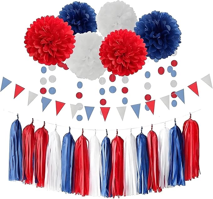 Red White & Blue Paper Tassels Garland Banner - Patriotic Tassel Decor for Birthday, Baby Shower, Family Party, Graduation, Engagement (30-Pack)
