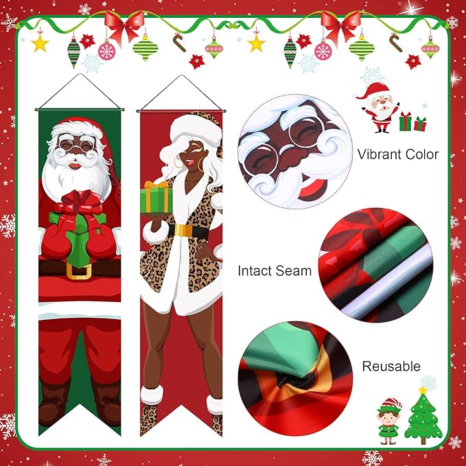Blulu 2 Pack Christmas Porch Banners African American Christmas Porch Signs Black Santa Xmas Porch Sign Banners for Winter Holiday Party Indoor Outdoor Front Door Wall Yard Hanging Decorations