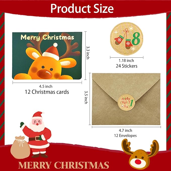 12 Pcs Christmas card with Envelopes & 24 Pcs Sticker,Cartoon categories holiday cuteness multiple loose cards with envelopes and written blessing messages, can be given to friends, family, children, boys and girls (Green)