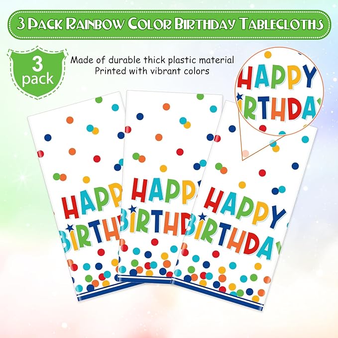 3 Pack Happy Birthday Plastic Tablecloth Decorations,Disposable Colorful Polka Dots Table Cloths,Rectangle Waterproof Table Cover for Girls Boys Birthday Baby Shower Party Decorations,54x108 Inch