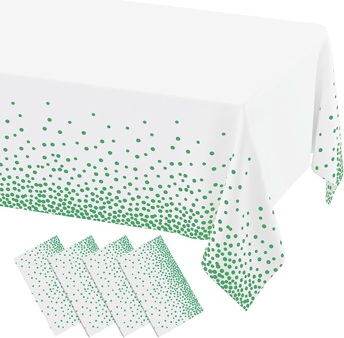 misaya 4 Packs Dot Disposable Table Cloth, 54 x 108 Inch Waterproof Plastic Tablecloth, Rectangle Green Dots in White Table Covers for Easter, Picnic, Birthday, Party