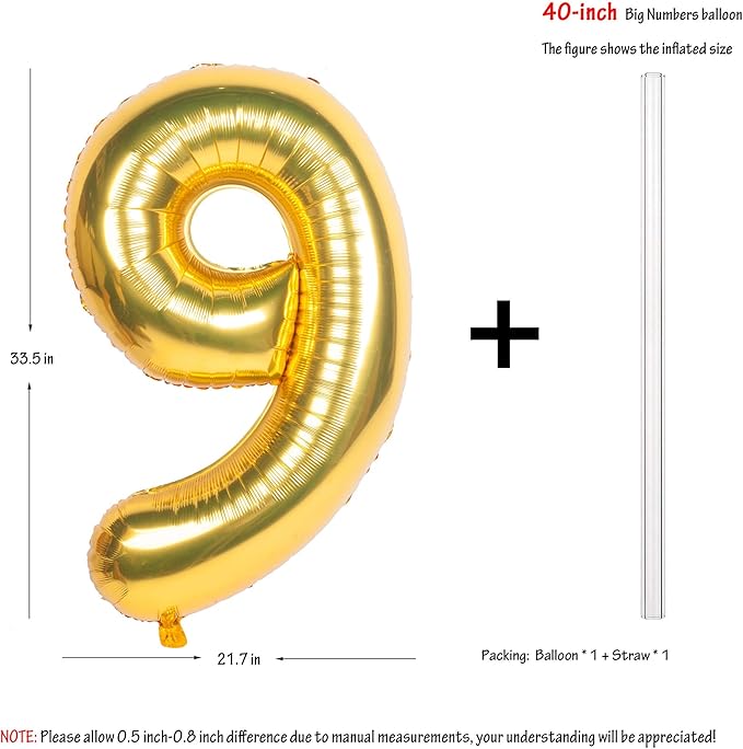 40 Inch Large Gold Number Balloons 9 Aluminum Foil Mylar Big Number Balloons 0-9 Suitable for Gold Birthday Parties, Weddings and Anniversary Photography