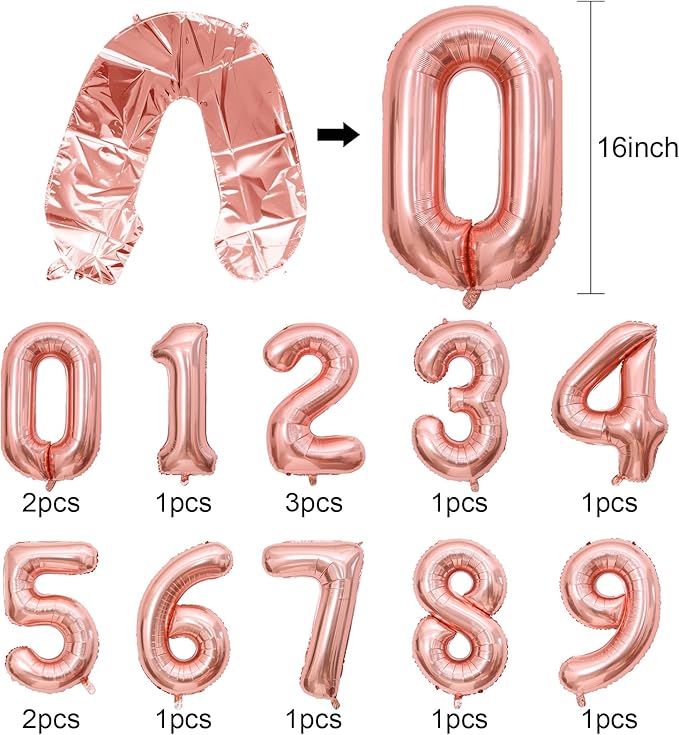 Number Balloons 16 Inch Rosegold 0-9 Number Foil Balloons 14 Pcs Custom Digital Balloons for Party Decorations New Years Eve Party Birthday Graduations Anniversary Baby Shower